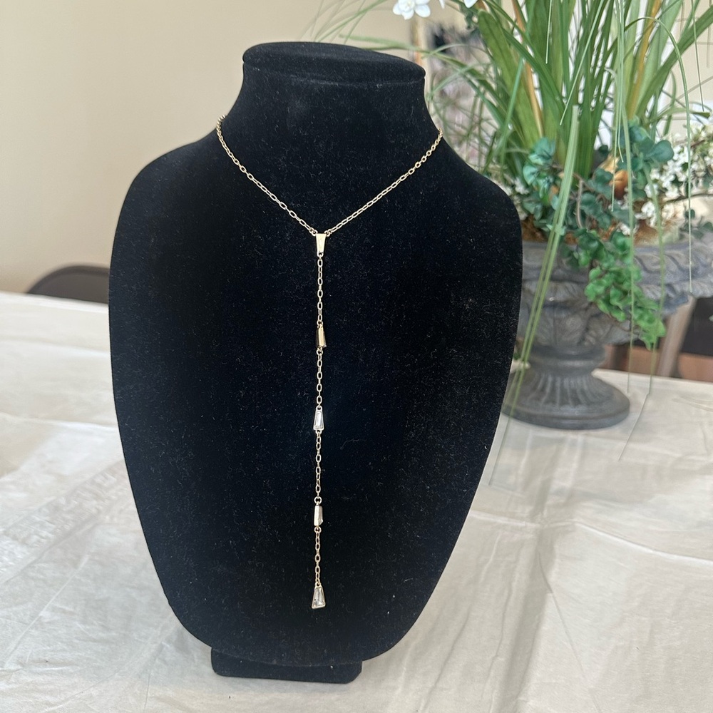 NWT Christian Siriano Gold Tone Y Necklace with Baguette Stone Accents